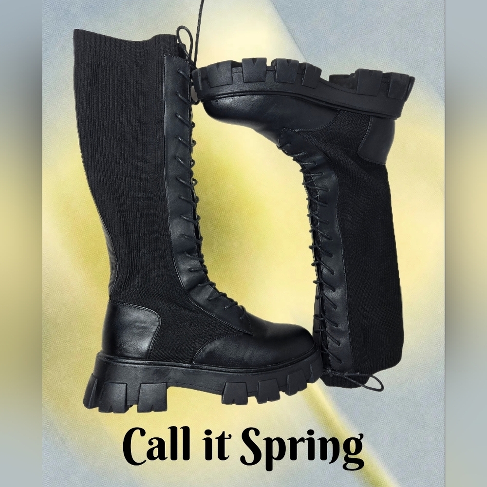 Call It Spring Womens 8.5M Black Sock Knee High Boots Chunky Sole Lace Up